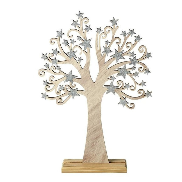 Wooden Tree with Silver Stars